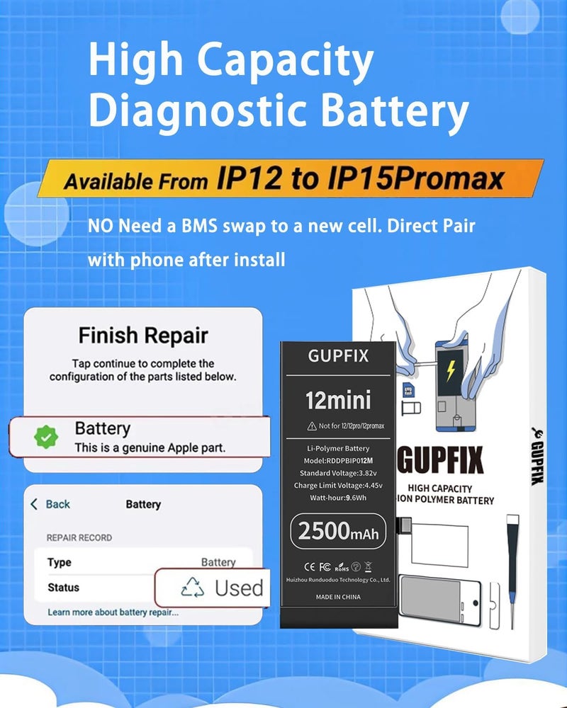 GUPFIX Diagnostic Battery for iPhone 12mini No Pop-up Unknown Part Warning, 3500mAh High Capacity Li-Polymer Rechargeable Battery Replacement for iPhone 12mini - Image 3